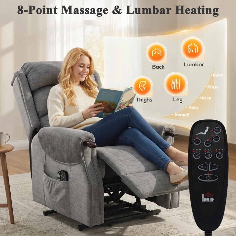 HOMCOM Power Lift Recliner with Vibration Massage and Heat, Lift Chair for Tall with Wood Grip, Pocket Spring, Light Grey
