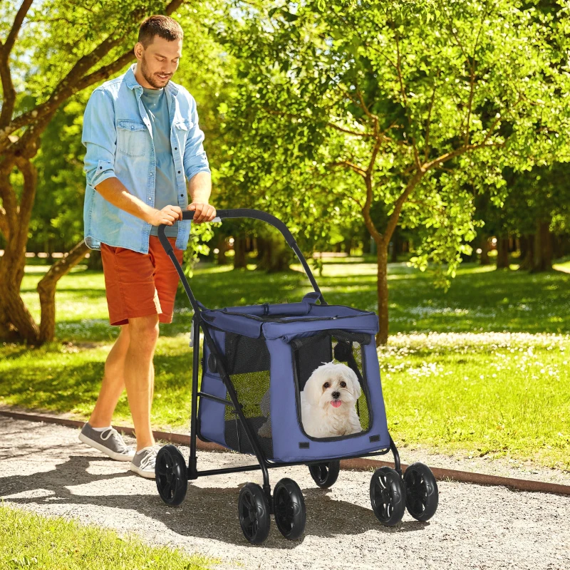 PawHut Hondenbuggy met Kussen, 3 Zijvakken, Opvouwbaar, Hondenkar, 102 cm x 62 cm x 105 cm, Blauw
