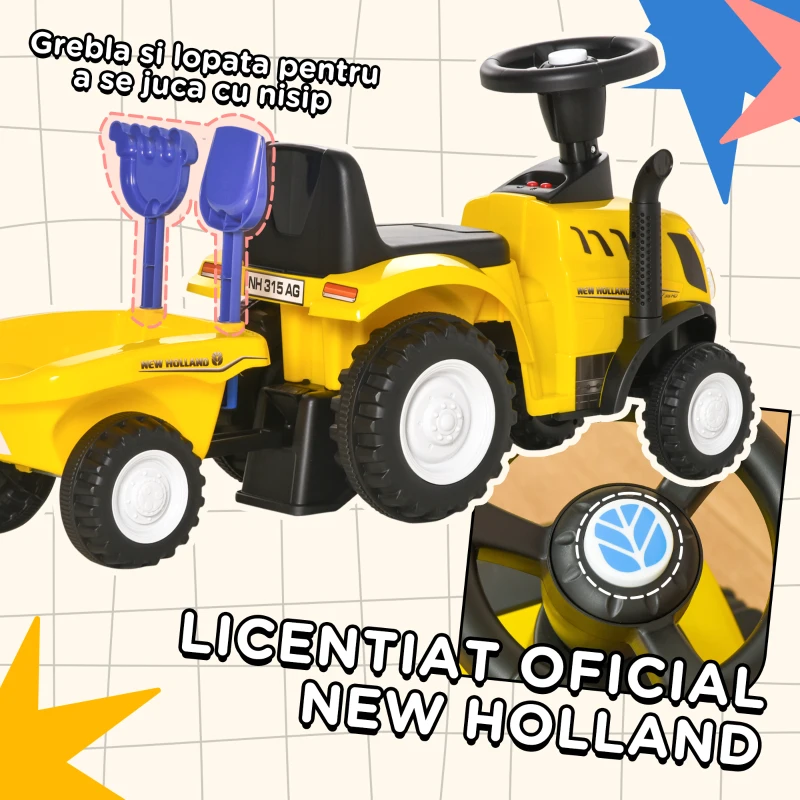 HOMCOM Tractor pentru Copii Prevazut cu Loc cu Remorca Varsta 12-36 Luni Galben