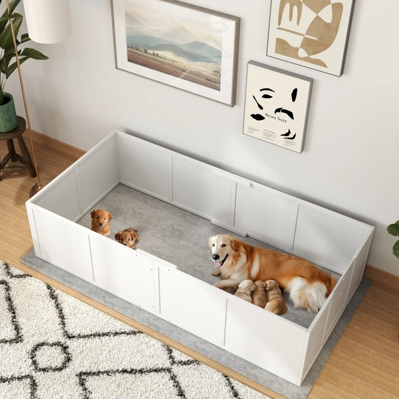 PawHut werpkist voor pups, puppyren met verstelbare deur, antislip hondenren voor kleine en grote honden, 196x96x48 cm, wit(m-2)