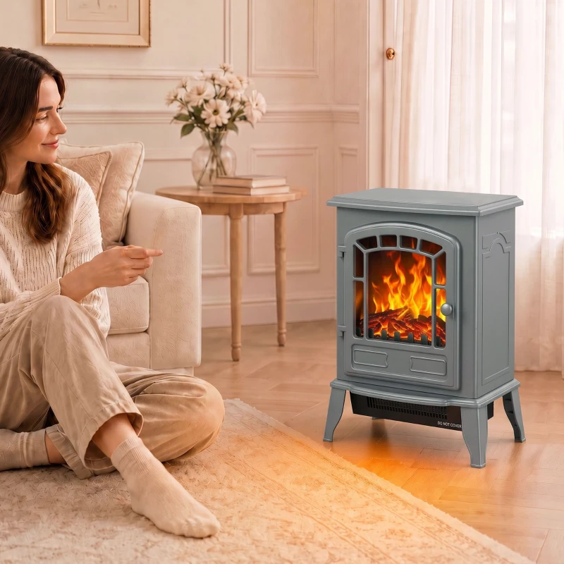 HOMCOM Electric Fireplace Stove, 1000W/2000W, Freestanding Electric Fire with LED Flame Effect, Adjustable Thermostat, Grey