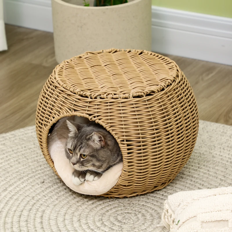PawHut Niche panier maison pour chat 2 niveaux en résine tressée aspect rotin avec 1 coussin doux Ø 40 x 30 cm marron clair
