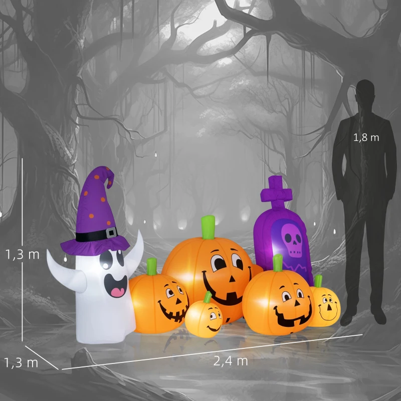 Outsunny Calabaza Inflable de Halloween con Fantasma Lápida con Luces LED IP44 e Inflador para Fiestas 240x130x130 cm Multicolor