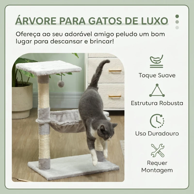 PawHut Árvore Arranhador para Gatos 50x36x70 cm Centro de Atividades com Rede, Plataforma e Postes em Sisal Cinzento-Claro
