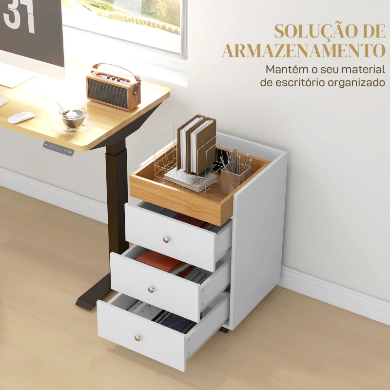 HOMCOM Bloco de Gavetas para Escritório com 4 Rodas 3 Gavetas e 1 Bandeja Amovível Carga 30 kg 43x40x66,5 cm Branco e Natural