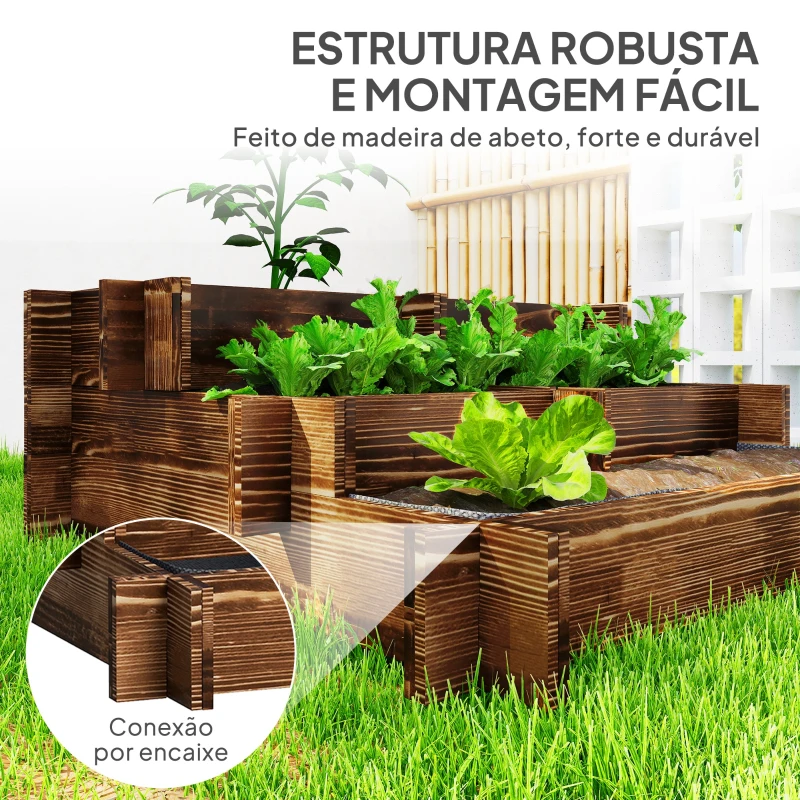 Outsunny Caixa de Plantio de Madeira de 3 Níveis com Malha Geotextil para Cultivos de Plantas Flores Exterior 93x93x35 cm Carbonizado