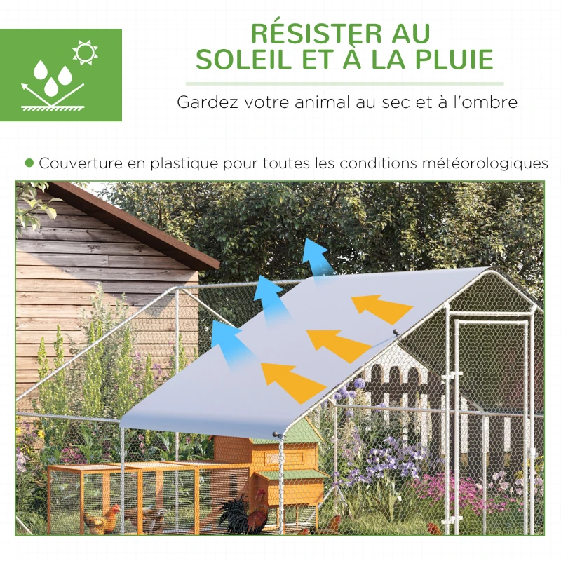 PawHut Enclos poulailler chenil volière extérieur 12 m² - Parc grillagé dim. 3L x 4l x 2H m - Espace Couvert - Acier galvanisé