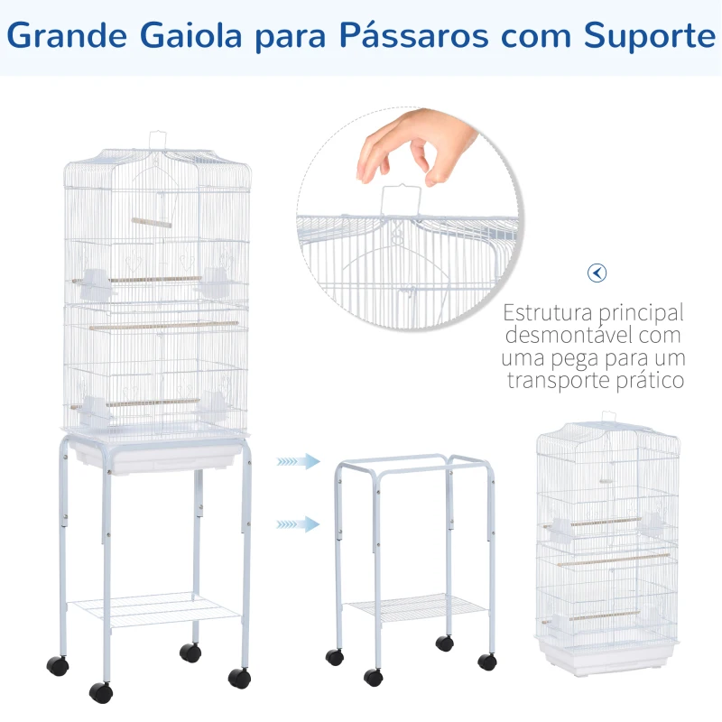 PawHut Gaiola para Passáros com Suporte  com 4 Rodas Portas 4 Comedouros 3 Poleiros e Bandeja Removível 46,5x36x157cm Branco