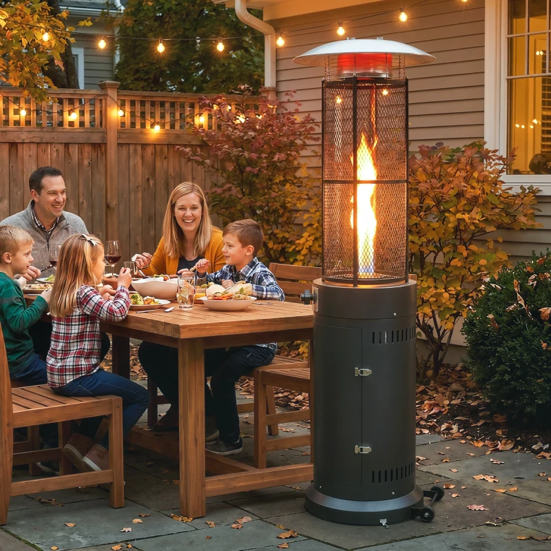 Outsunny 11 KW Freestanding Gas Patio Heater, Adjustable Outdoor Garden Propane Heater with Tip-Over Switch, Wheels, Pulse Ignition, Tank Room with Openable Door, Black