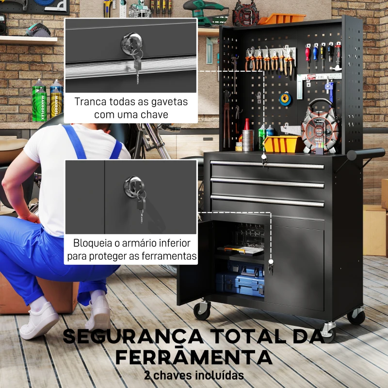 HOMCOM Carrinho de Ferramentas com 3 Gavetas e Painel de Perfurado Fechadura com Chave Prateleira Ajustável 2 Rodas com Travão de Bloqueio 69x33x133 cm Preto