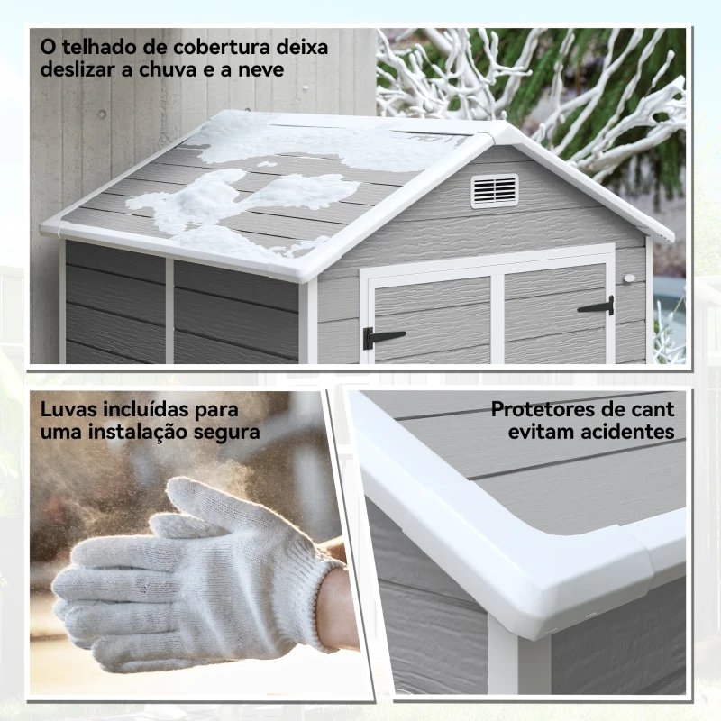 Outsunny Abrigo de Jardim em Resina 182x151x219 cm com Piso Janela Ventilação Portas Duplas Cinzento
