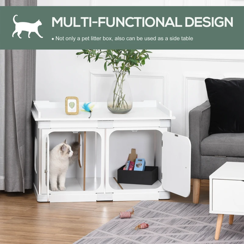 PawHut Wooden Cat Litter Box Enclosure Washroom Toilet Home Cabinet Kitty House Nightstand End Table Magnetic Door Adjustable Partition Board White