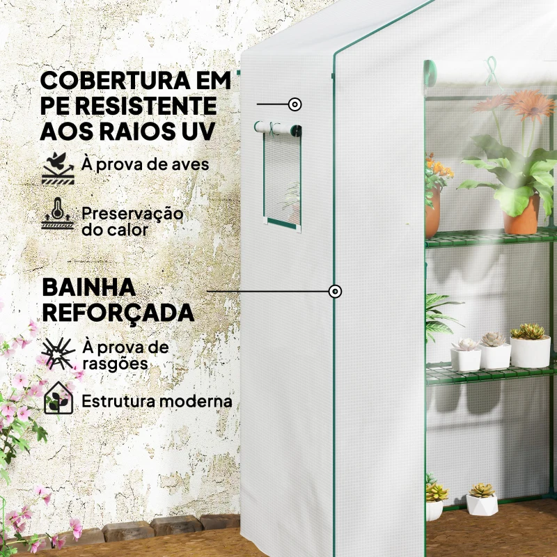 Outsunny Estufa de Jardim com 1 Porta 2 Janelas e Prateleiras de 2 Níveis em Forma de U para Cultivo de Plantas 140x73x190 cm Branco