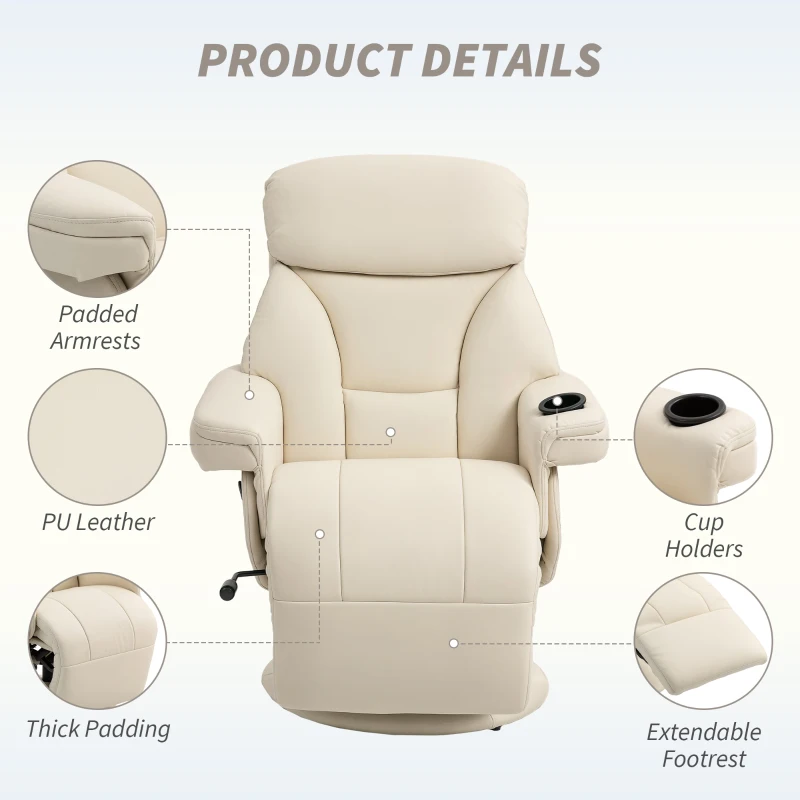 HOMCOM Manual Recliner Chair with Footrest, Upholstered Reclining Armchair with Adjustable Backrest and Cup Holder, PU Leather Swivel Chair for Living Room, Bedroom, Cream White