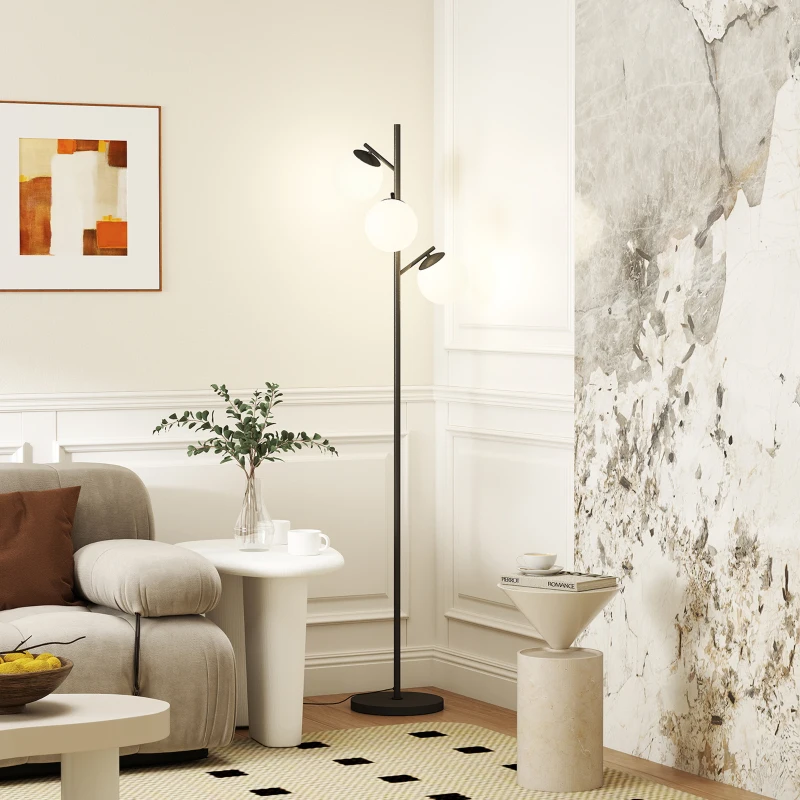 HOMCOM 3-Light Tree Floor Lamps for Living Room, Modern Standing Lamp for Bedroom with Globe Lampshade, Steel Base, Bulb not Included, Black