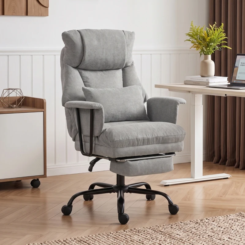 HOMCOM Office Chair, 180kg Heavy Duty Linen Computer Desk Chair with Lumbar Support, Wide Seat, Spring Cushion, Grey