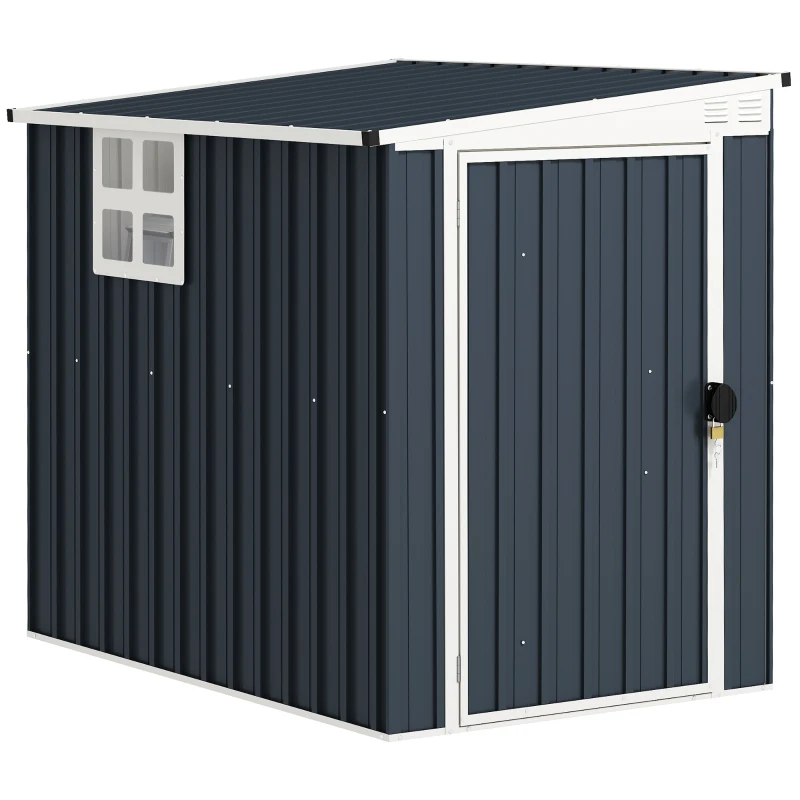 Outsunny 4 x 6ft Lean to Garden Metal Shed, Outdoor Storage Shed with Window, 2 Vents and Lockable Door for Patio, Dark Grey