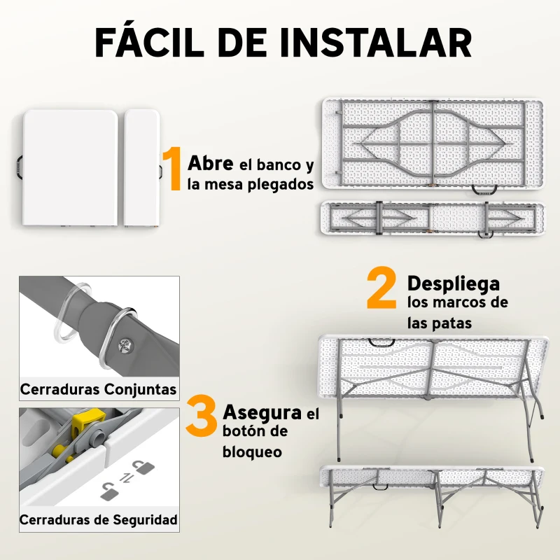 Outsunny Conjunto de Camping Plegable de Mesa y Bancos Asas para Exterior 180x74x74 cm y 182x28x42 cm Blanco