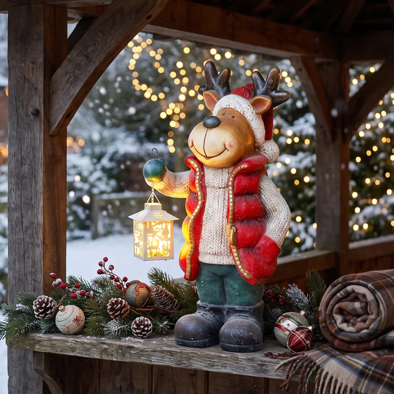 HOMCOM Kerstdecoratie, rendier met lantaarn, led, op batterijen, 25,5 x 19,5 x 52 cm, rood