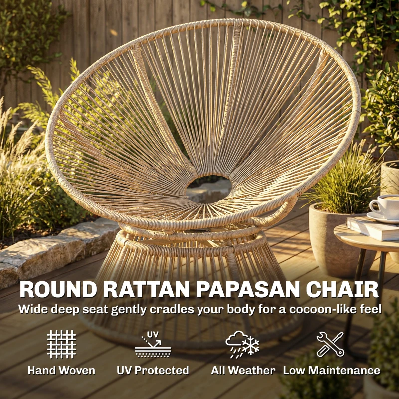 Outsunny Papasansessel 360° drehbar Korbsessel mit Kissen Stahlrahmen runder Rattansessel Loungesessel Cremeweiß