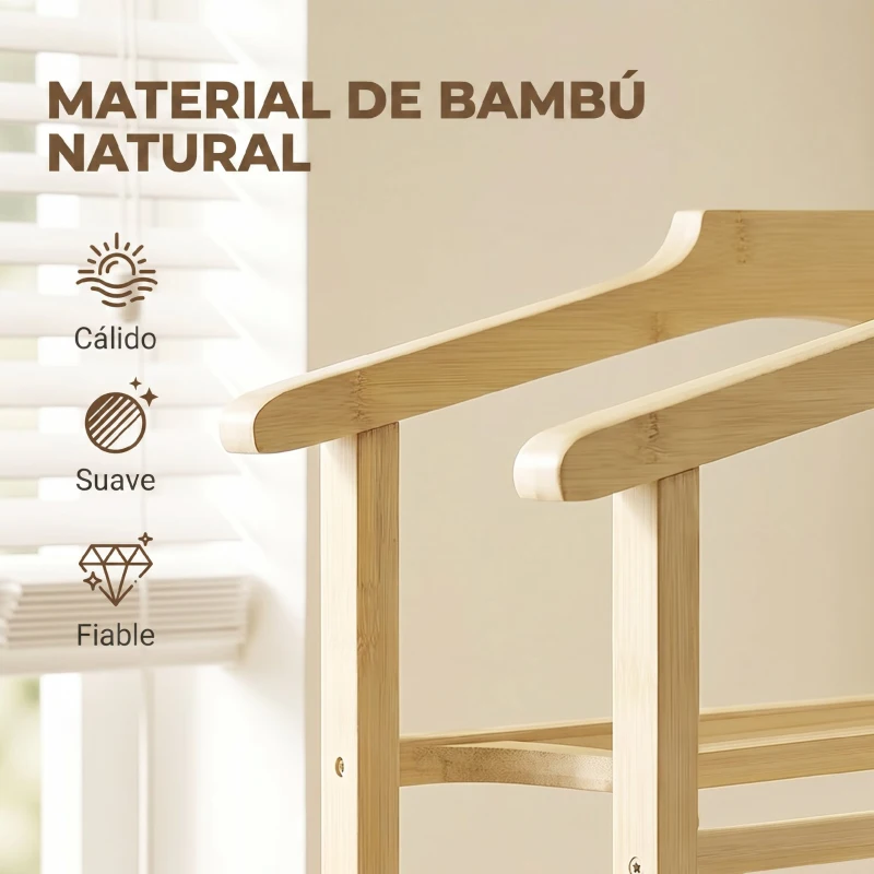 HOMCOM Galán de Noche de Bambú con Ruedas Barras para Ropa Soporte para Pantalones Bandeja y Estante Inferior Natural