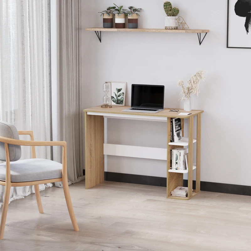 HOMCOM Scrivania Moderna in Legno con Scaffale a 3 Ripiani, 100x44x74cm, Bianco e Quercia