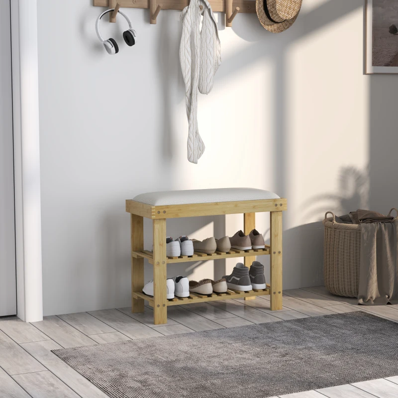 HOMCOM Banco Sapateira de Bambu Sapateira com Assento Almofadado 2 Prateleiras para 6 Pares de Sapatos 60x29x49 cm Madeira e Creme