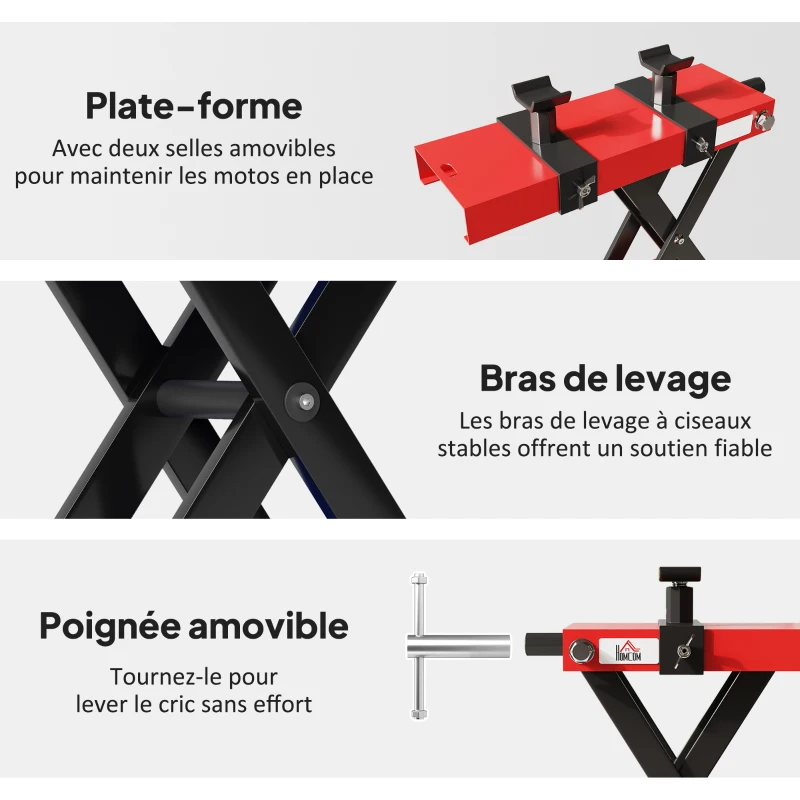 HOMCOM Cric de moto, table de levage moto à ciseaux, hauteur de levage 9,5-40 cm capacité 500 kg, 45 x 15 x 9,5-40 cm, rouge