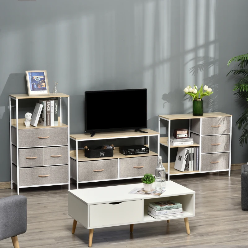 HOMCOM Chest of Drawers Storage  Dresser Cabinet Organizer with 3 Fabric Drawers and 2 Display Shelves for Living Room, Bedroom, Hallway, Beige
