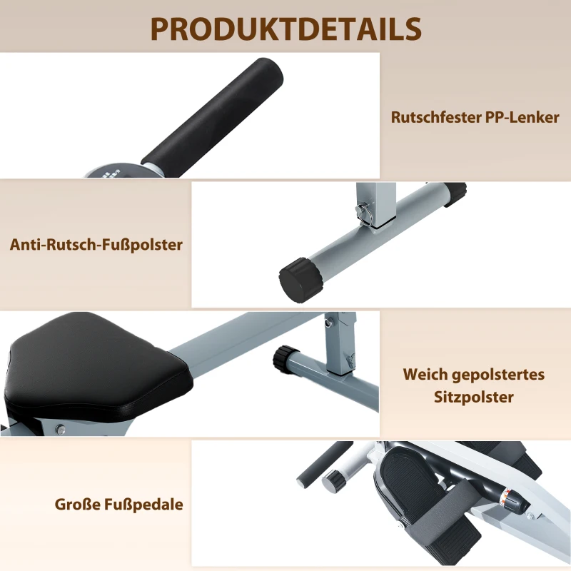HOMCOM roeitrainer roeiapparaat fitness roeien hometrainer, met LCD display, staal + PVC, grijs, 130 x 67,5 x 67 cm(m-6)
