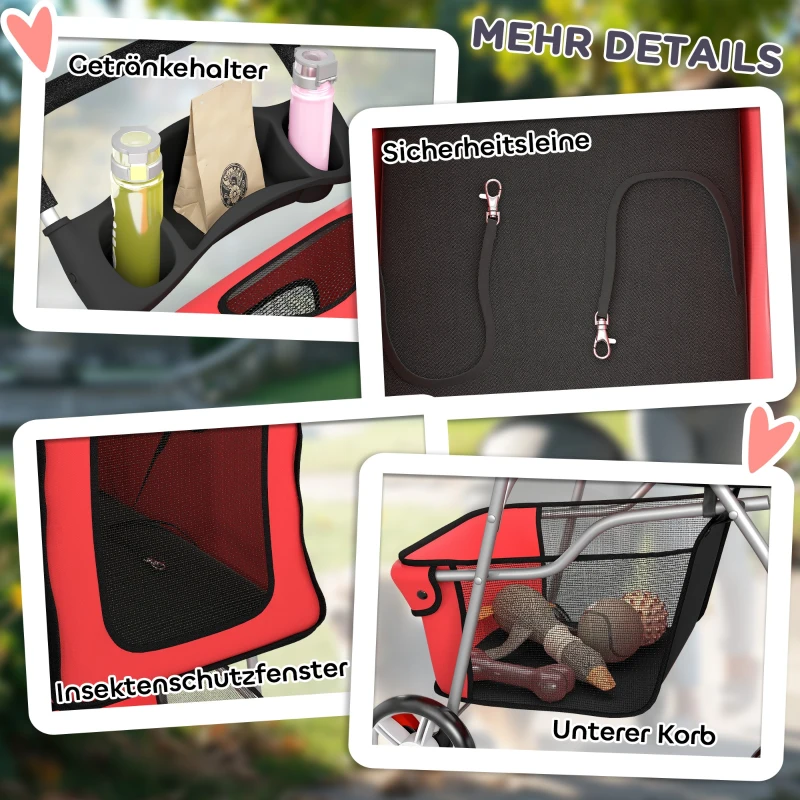 PawHut Hondenwagen Inklapbaar Hondenbuggy met Reflecterende Strepen Opbergmand Kussen voor kleine honden tot 10 kg 77x44x102cm Rood