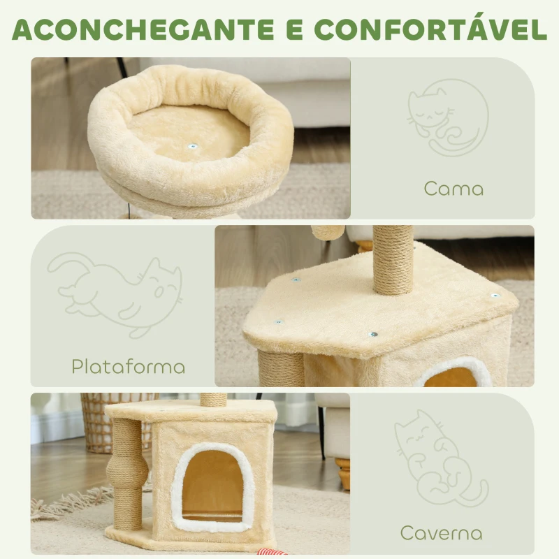 PawHut Arranhador para Gatos com Cama Caverna Plataforma Bola Suspensa e Poste de Juta 42x30x66 cm Marrom e Bege