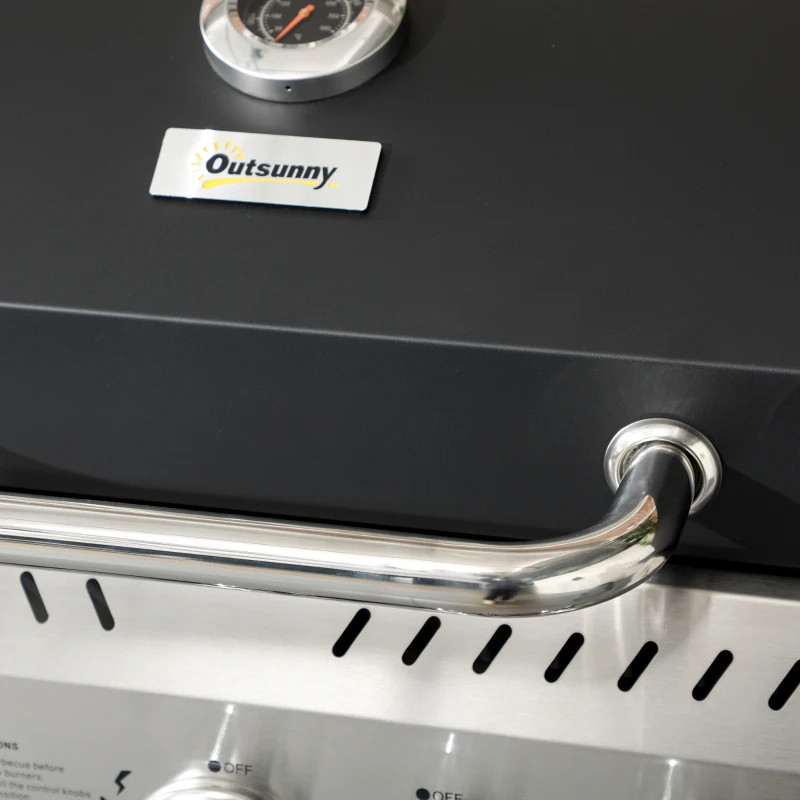 Outsunny Gasgrill, BBQ-grill, 4 hoofbranders, 1 zijbrander, 1 warmhoudplaat; 123 x 52 x 101cm, Zwart