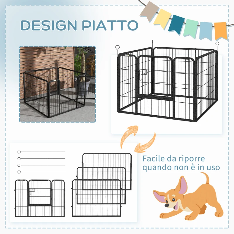 PawHut Recinto per Cani Pieghevole in Metallo, per Interno ed Esterno con Porta e Picchetti, 82x82x60cm Grigio