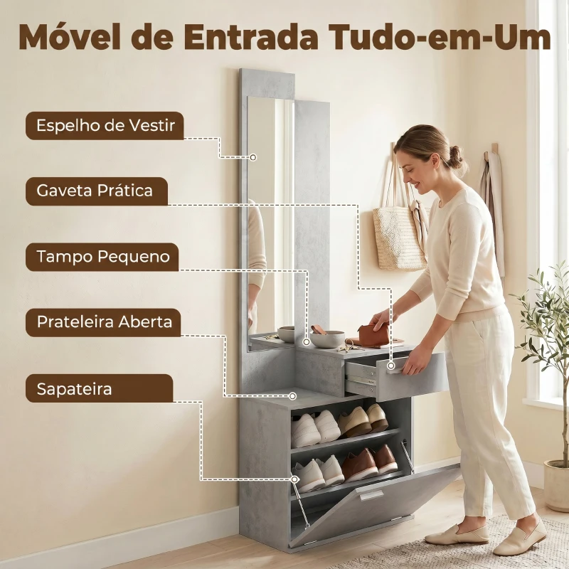 HOMCOM Móvel de Entrada com Espelho, Sapateira Basculante, Assento, Gaveta e Compartimento Aberto, 61x30x170 cm, Cinzento