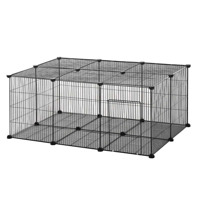 PawHut Parque para Mascotas DIY Jaula para Animales Pequeños de 22 Paneles de Malla Metálica con Puerta Conejos Cobaya 105x70x45 cm Negro