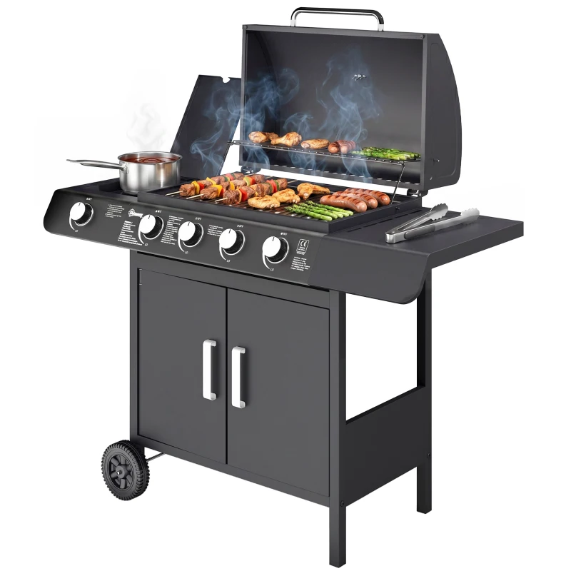 Outsunny Barbacoa de Gas con 4+1 Quemadores 14,4 KW Mesas Laterales Armario de Almacenaje Termómetro y 2 Ruedas Acero Inoxidable BBQ 125x51x100 cm Negro
