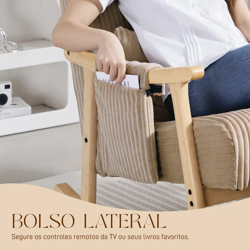 HOMCOM Poltrona Baloiço Moderna em Veludo Cotelê com Apoio para os Braços Almofada Lombar e Bolso Poltrona de Amamentação 65x90x98 cm Castanho Claro