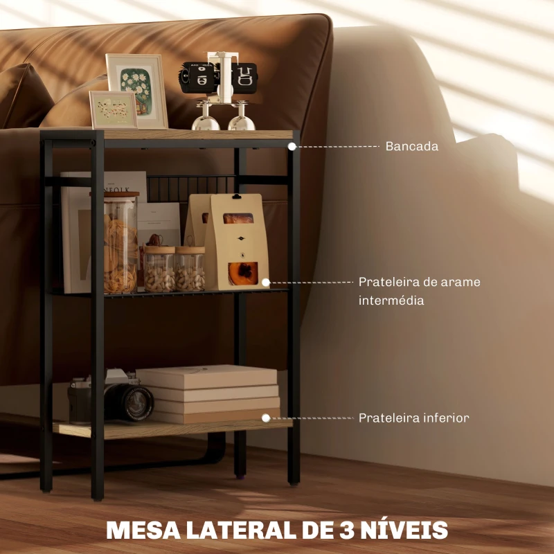 HOMCOM Mesa Auxiliar Estreita de 3 Níveis com Prateleiras Abertas e Estrutura de Aço para Sala e Quarto 43x18x62,5cm Carvalho