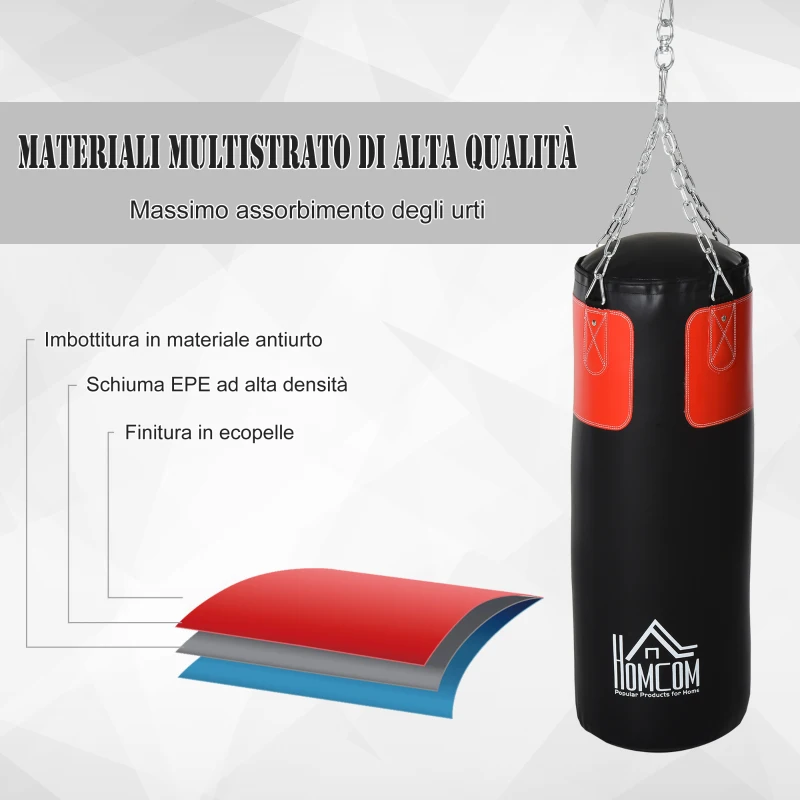HOMCOM Set Sacco da Boxe per Adulti 120 cm, Sacco per Pugilato da Appendere con Guantoni e Ganci, Allenamento per Kickboxing, Nero Rosso