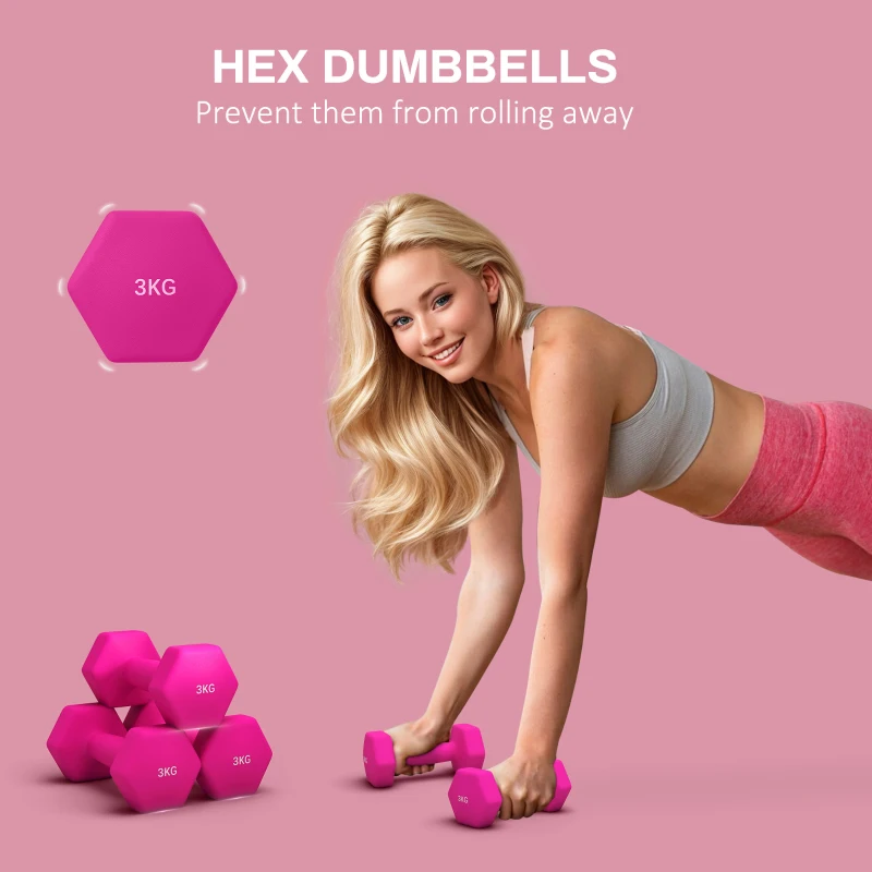 SPORTNOW Set of 6 Hex Dumbbells, Neoprene Weights Pair with Non-Slip Grip, Home Gym Fitness Training Equipment, 2 x 3kg, 2 x 4kg, 2 x 5kg, Pink, Purple, Green