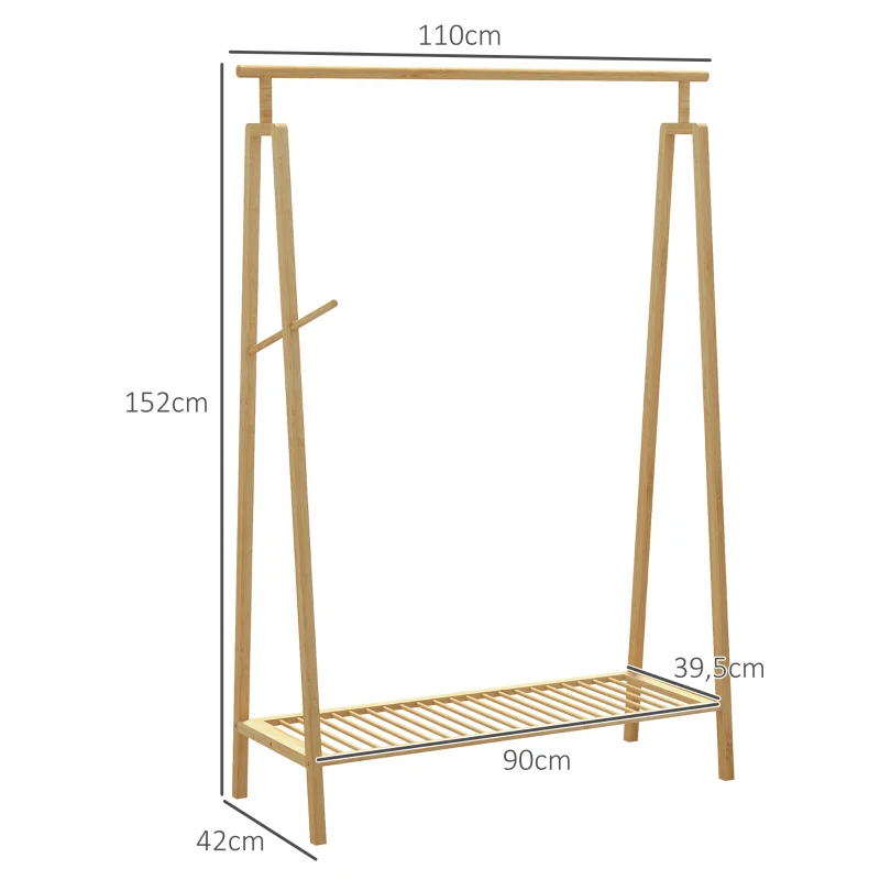 HOMCOM Appendiabiti a Doghe in Bambù con Gruccia Laterale e Spazio per Scarpe, 110x42x152 cm, color Legno
