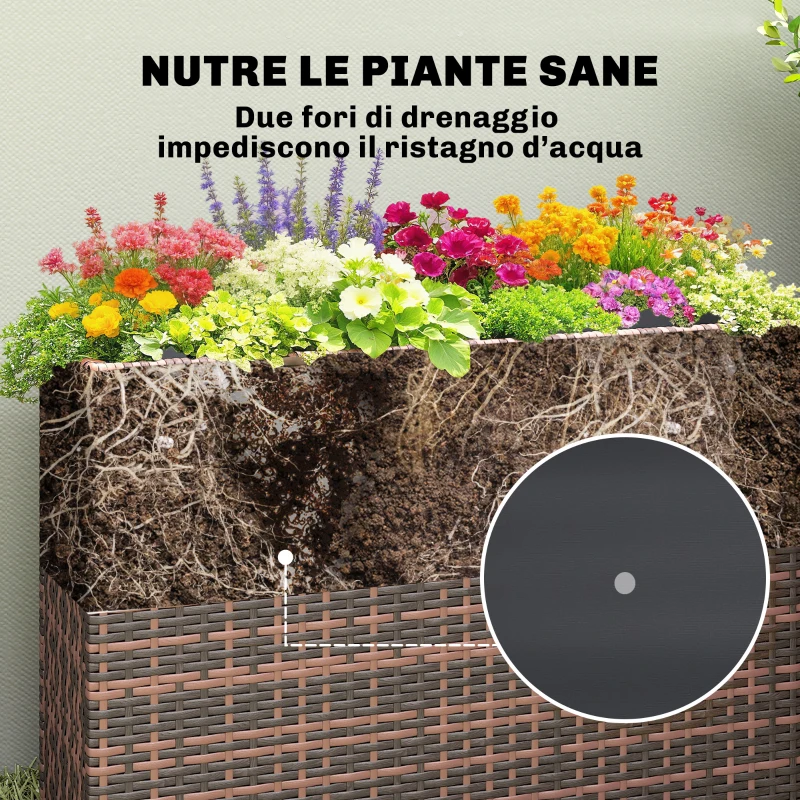 Outsunny Letto per Orto Rialzato da Esterno 45L in Rattan, con Fori di Drenaggio e Piedini Regolabili, Marrone