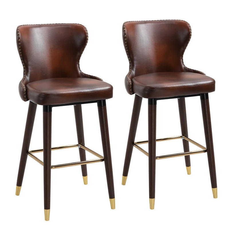 HOMCOM Set 2 Sgabelli da Bar Alti in Stile Industriale con Schienale e Poggiapiedi, Seduta in Finta pelle e Gambe in Legno, Sgabelli Vintage per Cucina e Ristorante, 52x53x101cm
