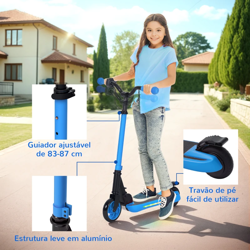 SPORTNOW Trotinete Elétrica Dobrável para Crianças 120 W Autonomia 6 km e Máximo 10 km/h com Travão Luzes LED 74x52x83-87 cm Azul