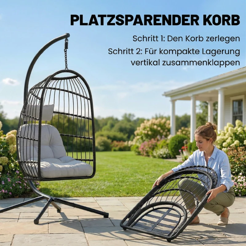 Outsunny Hängesessel mit Gestell faltbar Polyrattan Hängekorb mit Kissen Sicherheitsgurt Kopfstütze Bänder, höhenverstellbar