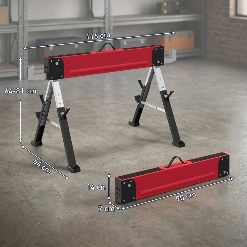 HOMCOM 2-delige set zaagbokken tot 1160 kg, inklapbaar, 7-voudig in hoogte verstelbaar (64-81 cm), metalen werkbokken met handgreep, rood