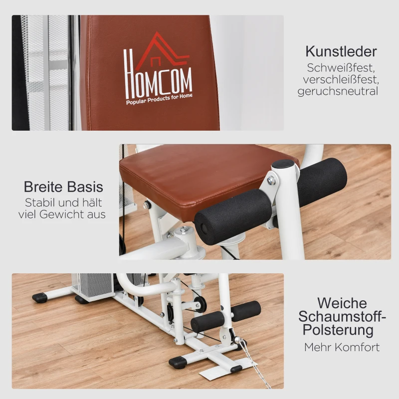 HOMCOM Gym Krachtstation Fitnessstation Multigym Fitnesscentrum Fitnessapparatuur incl. gewichten Latzug Beincurl Metaal PU-kunstleer Wit 150 x 110 x 210 cm