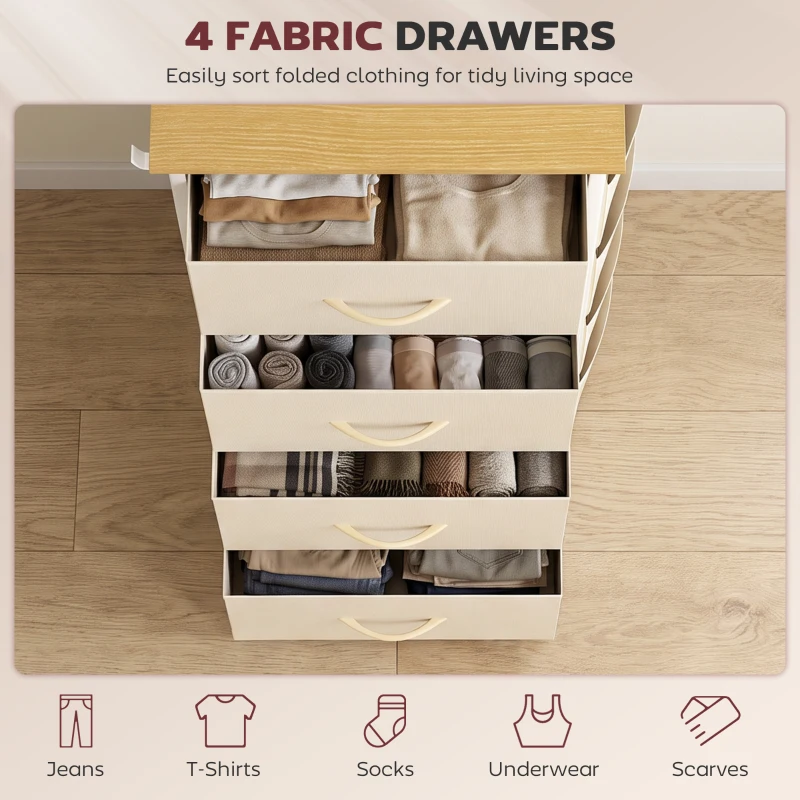 HOMCOM Chest of Drawers with 4 Fabric Drawers, Tall Storage Unit with 2 Hooks and Steel Frame for Bedroom, Beige