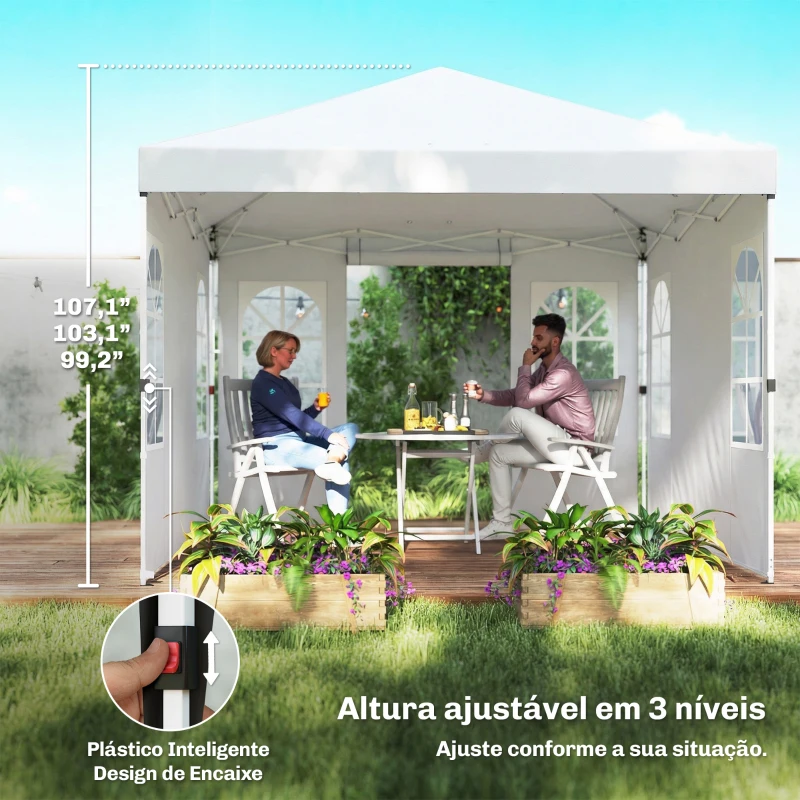Outsunny Tenda Dobrável 3x3 m Pop-up com UPF 50+, 4 Laterais Removíveis, Altura Ajustável e Bolsa de Transporte, Branco
